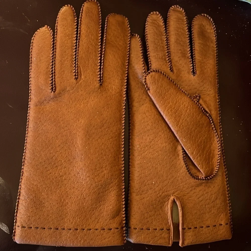 Women’s Tan Black Vegan Lined Gloves Textile Pinky Fourchette Size: S/M